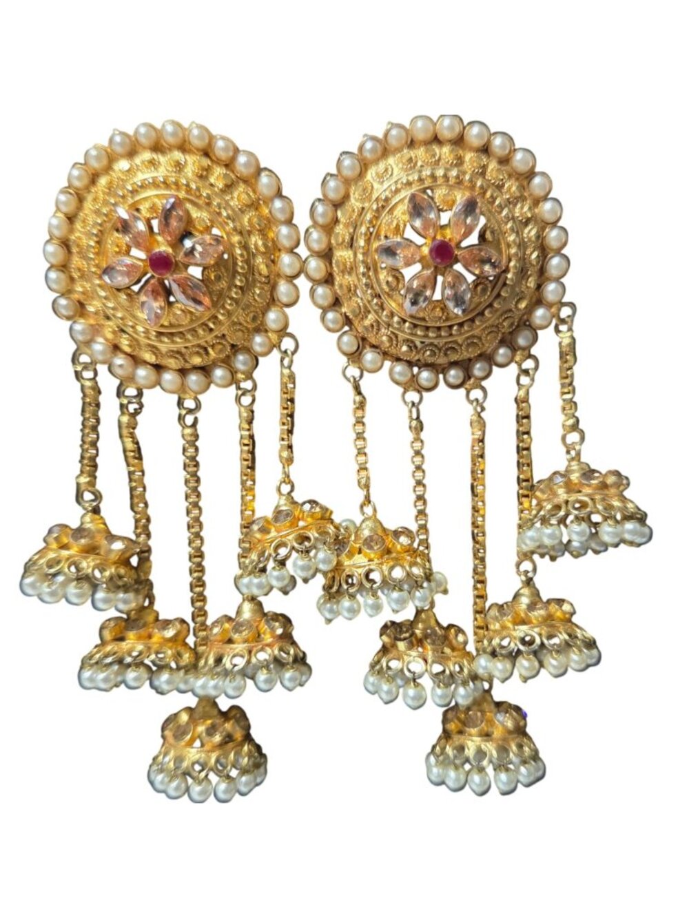 Traditional Jhumka Earrings Pearl Crystal Accents Floral Design Dangling Bells